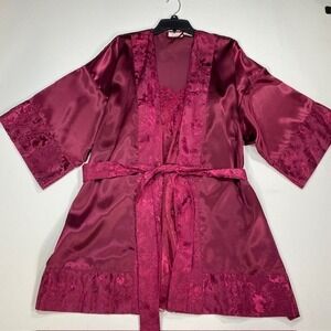 Vintage Victorias Secret Gold Label Burgundy Satin Floral Robe Chemise Set OS